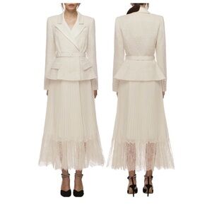Set Self-Portrait Tailored Boucle And Chiffon Midi Dress in Cream